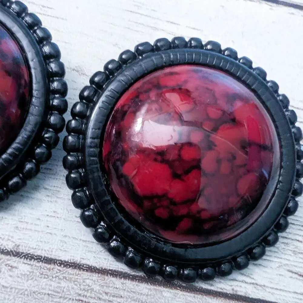 Vintage Clip On Earrings - Large Red & Black Statement